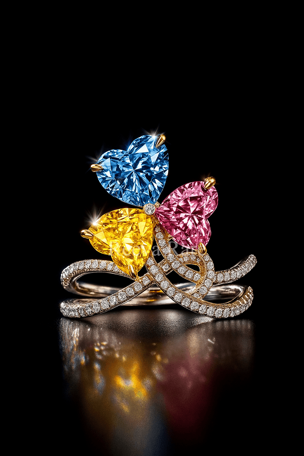 CVD yellow pink blue heart diamond ring in premium gold