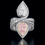 Dual pear diamond ring with pink and white diamonds, luxury statement ring from Reeva Rare CVD pink white diamond statement ring in premium gold