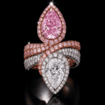 Twin pear diamond ring with pink and white diamonds, halo design luxury ring from Reeva Rare Lab Grown Pink Diamond Halo Ring